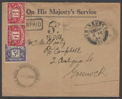 GB OHMS Royal Botanical Gardens Edinburgh 1944 cover with boxed UNPAID 1419 - Image 1 of 2