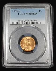 1955 S LINCOLN WHEAT CENT PENNY PCGS MS 65 UNC MS65RD US COIN MS 65 RD - Photo 1/2