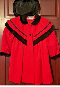 Girls Rothschild Long Red Dress Coat Black Trim Wool Blend & Hat USA SZ 4 - Picture 1 of 12