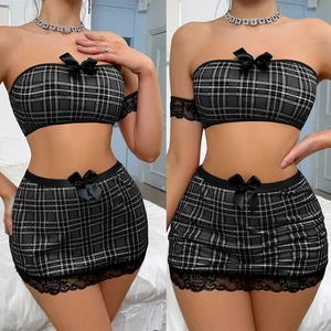 Sexy Damen-Dessous Schulmädchen Tank bauchfreies Oberteil + kurzer Rock figurbetont Nachthemd Outfit - Bild 1 von 15