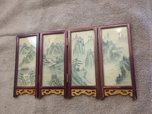 MINIATURA CINESE SCHERMO PIEGHEVOLE 4 PARTI VETRO LEGNO - Foto 1 di 12