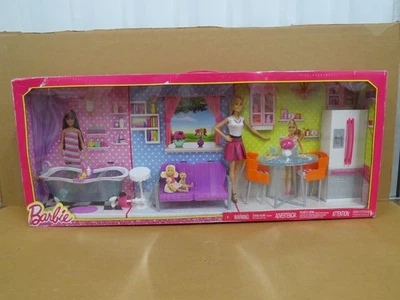 Conjunto de regalo para muñecas y muebles Barbie: 3 habitaciones (cocina, baño, sala de estar) NUEVO EN CAJA NOS Foto 1 de 4