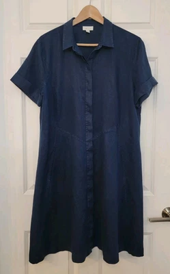 J Jill Dress Love Linen Size Large Navy Blue Buttons Pockets Coastal Lagenlook - Image 1 of 4