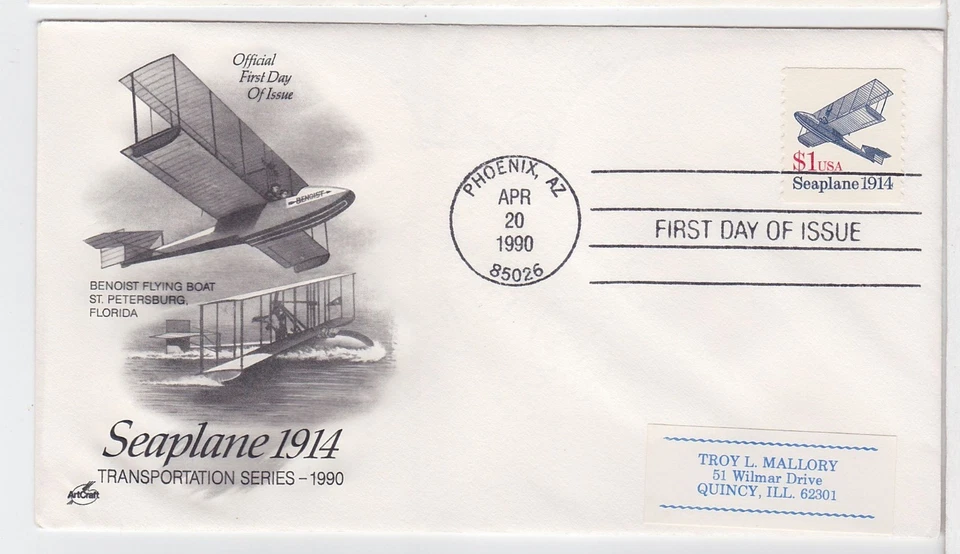 TurtlesTradingPost- $1 Seaplane - Transportation Series #2468 1990 FDC Artcraft - Image 1 of 1
