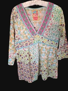 Johnny Was M Baumwolle Blumen Patchwork bestickt Shirt Bluse Boho Neu ohne Etikett - Bild 1 von 5
