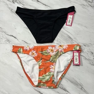 Juniors' Xhilaration Bikini Bottom Pair - Orange Floral & Black Size S (0-2) - Picture 1 of 10