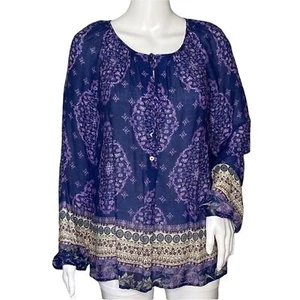 Lucky Brand Shirt Women Small Blue Purple Medallion Pattern Top Bohemian Peasant - Picture 1 of 7