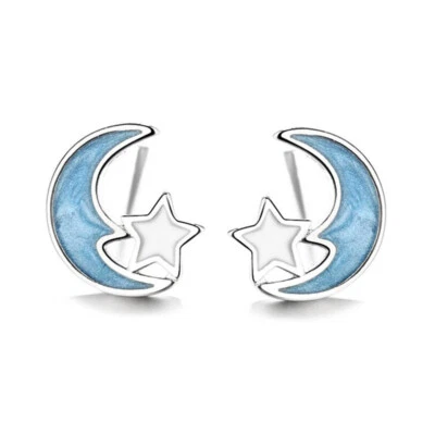 2er Set Ohrstecker Stud Mond Stern Moon Star Halbmond Blau Cartoon Damen - Bild 1 von 3