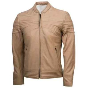 Men Beige Stripes Style Fashion Leather Jacket, Beige Biker Jacket - Picture 1 of 3