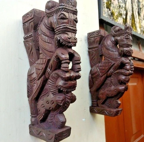 Wooden Wall Corbel Pair Horse Sculpture Bracket Dragon Yali Statue Home Decor Cover