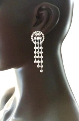 3.25” Long Clear Crystals Screw Back Retro Inspired Evening Party Earrings - Image 1 of 3