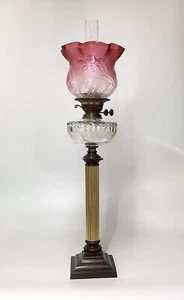 Antique Oil Lamp Thomas Rowatt Duplex Burner Cranberry Glass Shade Crystal Font - Picture 1 of 12