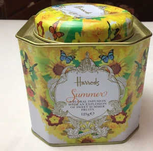 Harrods Tea Tin Summer Floral yellow square tin with some of original contents - Picture 1 of 6