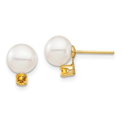 14k Yellow Gold 7-7.5mm White Round Cultured Pearl & Citrine Post Stud Earrings - Image 1 of 3