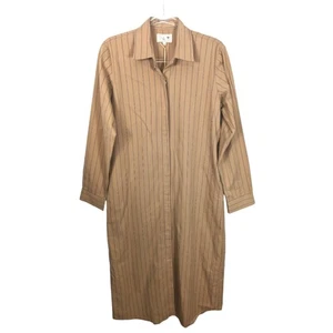 Mille Resort & Travel Cotton Midi Shirt Dress Tan Blue Pinstripe Classic M NWT - Picture 1 of 10