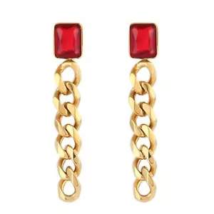 Red Zircon Gold Chain Drop Earrings Jewelry Hypoallergenic - Picture 1 of 5