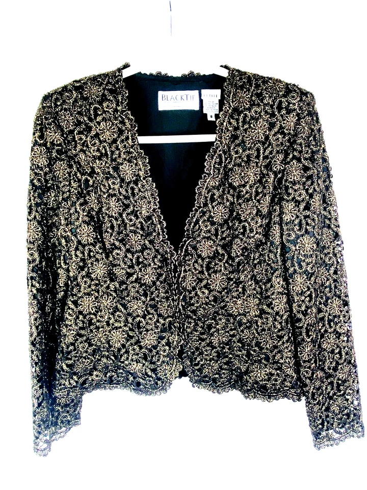 Vintage Black Tie Oleg Cassini Jacket Black Gold Metallic Lined Size 8 Petite - Image 1 of 4
