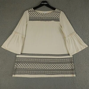 J Jill Top Womens XS Cream Black Embroidered Bell Sleeve Pleated Tunic Boho - Picture 1 of 12