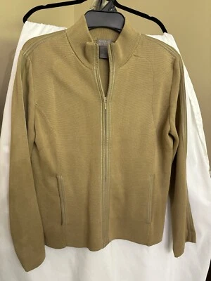 Sigrid Olsen Women's Petite Medium Tan Zip Up Silk Sweater Leather Accents - Image 1 of 4