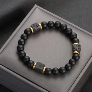 Mens Obsidian Bead Bracelets Charm Lava Rock Natural Stone Oil Diffuser Bracelet - Picture 1 of 9