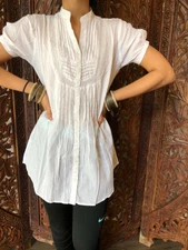 Boho Gypsy Hippy White Tunic Shirt Casual Embroidered Blouse Cotton Tunic Tops M