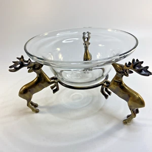 Vtg Footed Brass Deer Stand W/ Glass Bowl Candy Dish Reindeer Christmas 8.5 in - Picture 1 of 7