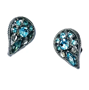 Signierte WEISS Blau & Klar Topas Strass Silber Träne Clip Ohrringe - Bild 1 von 4