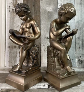 Boy and Girl "Reading and Writing" Bronze Colored Clad Bookends 11.5”H x 4”W - Picture 1 of 12