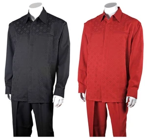 Men's 2pc Walking Suit Long Sleeve Checks Shirt w/ Solid Pants Set #2762 - Picture 1 of 11