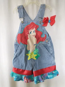Custom boutique Disney Little Mermaid Ariel denim short overalls size 4T - Picture 1 of 2