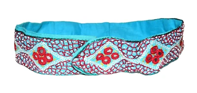 Cinturón ancho vintage rojo bordado blanco cuentas en lino turquesa se adapta hasta 36" Foto 1 de 4