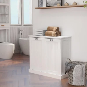 Double Tilt Out Trash Cabinet White Free Standing Laundry Sorter Cabinet with Re - Picture 1 of 7