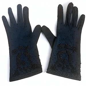 Vintage 1950s Beaded Black Nylon Dress Gloves  Pinup Glam Hollywood - Picture 1 of 8
