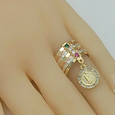 Multi Tone Gold Plated Saint Jude Charm 7 Days Crystals Ring Semanario San Judas - Image 1 of 3