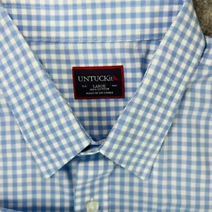 Untuckit Men's Size Large Blue White Check Gingham Long Sleeve Button Up Shirt - Picture 1 of 17