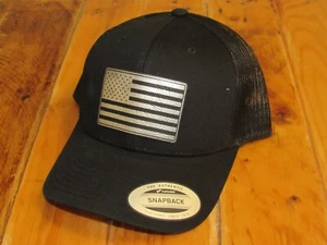 Silver/Black US Flag Leather Patch Trucker Hat - Picture 1 of 1