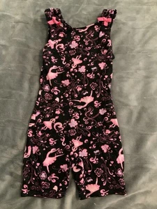 Girls’ 5/6 Jacques Moret Unitard Black Sparkle w/pink Ballerinas-Gymnastics EUC - Picture 1 of 3