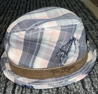 Sombrero cubo Fedora vintage True Religion rosa gris azul a cuadros L/XL RARO Foto 1 de 4