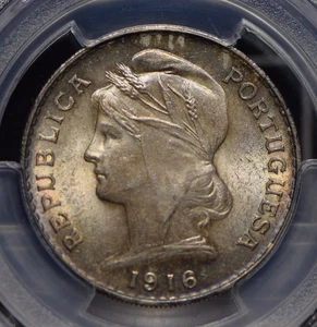 Portugal 1916 50 Centavos PCGS MS63  incandescent purple green toning PC0411 com - Picture 1 of 3