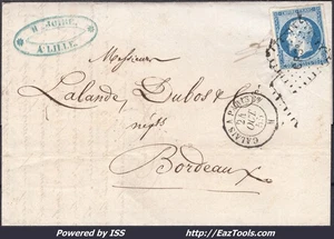 FRANCE N°14A SUR LETTRE AVEC AMBULANT CP3° CALAIS A PARIS + CAD DU 24/10/1855 - Picture 1 of 2