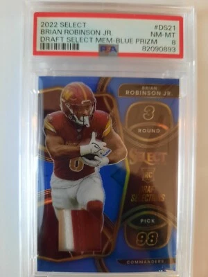 2022 Select Brian Robinson Jr R/C Patch Draft Selections Blue Prizm #15/35 psa 8 - Image 1 of 2