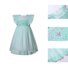 Princess Smocked Dress Green Dotted Flower Embroidered Holiday Party Dresses