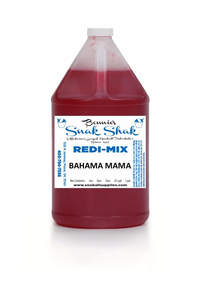 BONNIE'S SNAK SHAK Snow Cone Syrup BAHAMA MAMA Flavor. 1 GALLON JUG Buy Direct Licensed MFG