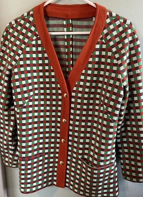 Jaqueta cardigã vintage anos 70 feita à mão xadrez verde laranja botões tom dourado tamanho M - Imagem 1 de 4