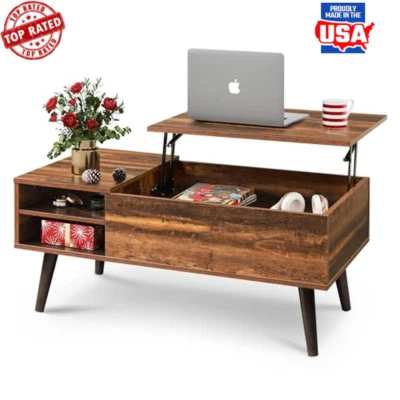 Wood Lift Top Coffee Table Hidden Compartment Rustic Oak Surface 16.93"H New - Image 1 of 4