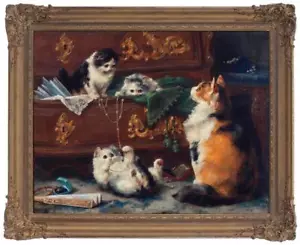 Antiguo arte maestro hecho a mano pintura al óleo antigua animales gatos sobre lienzo 30"X40" - Imagen 1 de 2
