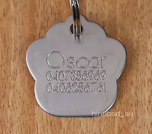 Stainless Steel Paw Shaped Pet ID Tag Free Personalised Custom Engraved Dog Cat - Picture 1 of 4