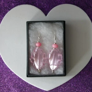  Beautiful Murano Glass Earrings In Pink Color 4.8 Cm. Long + Hooks In Gift  Box - Picture 1 of 7