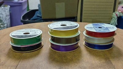 Mixed Lot Of 8 Spools Of Ribbon Various Colors Red Blue Purple Yellow Green - Image 1 of 4
