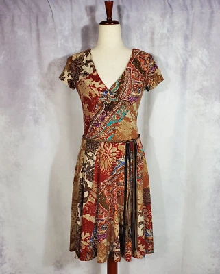 LAUREN RALPH LAUREN Slinky Stretch Paisley Belted Faux Wrap Dress SMALL Petite - Image 1 of 4
